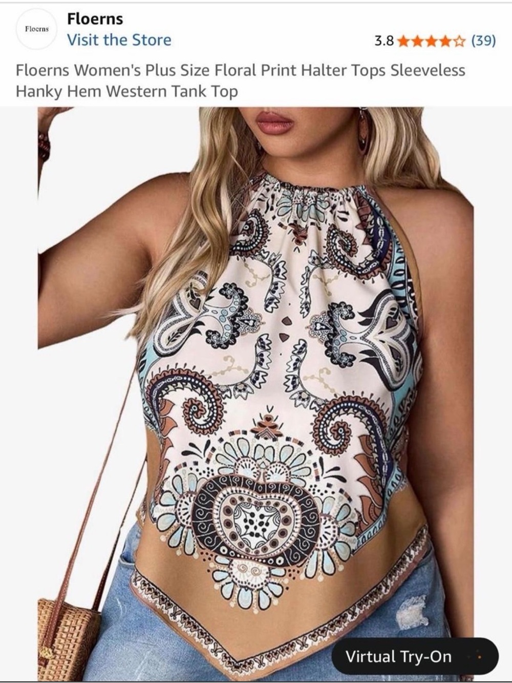 Plus Size Paisley Halter Tank Top in Cream/Tan/Blue